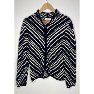 Talbots Women's Black White Chevron  Zip Up 100% wool Sweater Jacket Medium